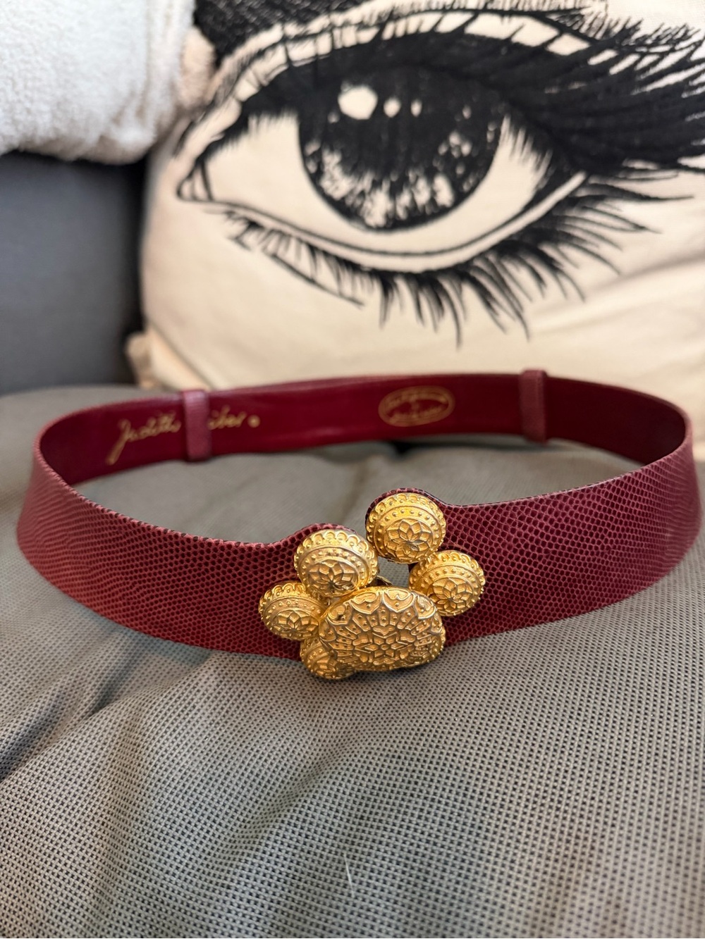 Judith Leiber Wine Red Leather Belt with Gold Paw Buckle